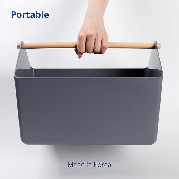 BLUE GINKGO Large Storage Basket – Plastic Caddy with Wooden Handle for Bathroom, Pantry, or Cleaning Supplies (Gray)-NeatNest