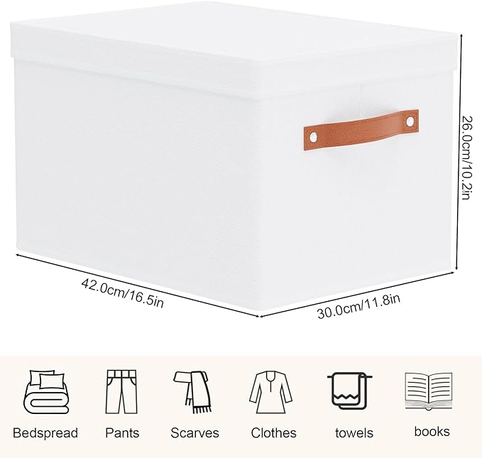 Fabric Storage Bins, Clothes Boxes for Shelves with Lids, 3 Pack Baskets for Organizing with Handles, Decorative Linen Closet Organizers, White, 16.5 x 11.8 x 10.2 Inch-NeatNest