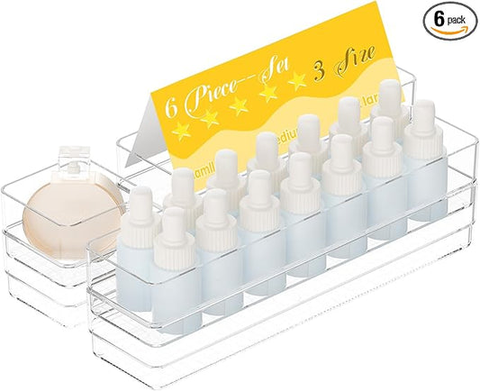 6 PCS Clear Plastic Drawer Organizer Set, 2 Sizes Acrylic Drawer Storage Trays Non Slip Storage Bins for Makeup, Jewelry, Gadgets for Kitchen, Bedroom, Bathroom, Office-NeatNest