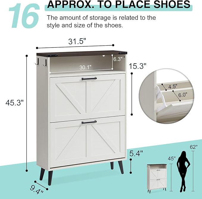 Shoe Storage Cabinet,Farmhouse Shoe Organizer with 2 Flip Drawers & Barn Door Design,Freestanding Hidden Slim Narrow Shoe Rack Cabinet with Open Storage for Entryway, Foyer,Antique White-NeatNest