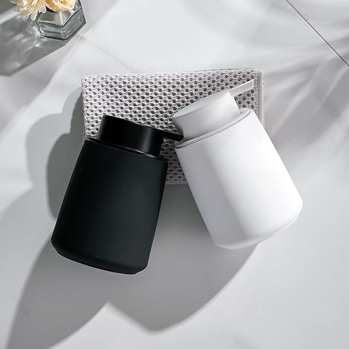 12Oz White Soap Dispenser - Modern Ceramic Lotion Hand Soap Dispenser with Easy-to-Press White Pump, Reusable and Refillable Liquid Dish Soap Dispenser for Bathroom, Kitchen (Rubber Paint)-NeatNest