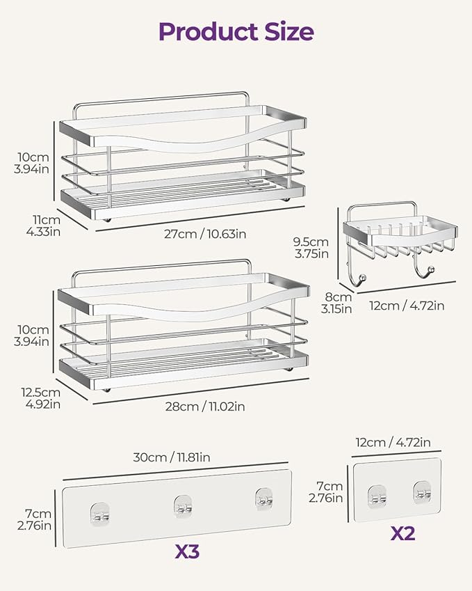 ODesign Shower Caddy 3 Pack-Shower Organizer Shelves Rack Rustproof SUS304 Stainless Steel for Bathroom Storage&Kitchen-No Drilling Adhesive Shower Caddy Shelf Dorm Room Essentials-Silver