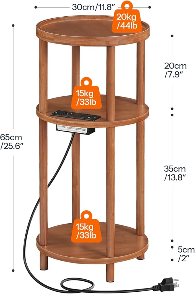 HOOBRO Set of 2 Small Round Side Tables with Charging Station, 3-Tier Round Bamboo End Tables, Easy Assembly, for Living Room, Bedroom, Apartment, Walnut WL152UBZP201