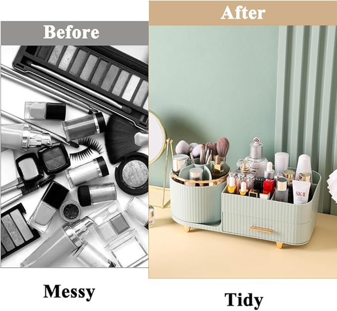 Makeup Organizer Countertop with Drawer 360 Rotating Brush Holder Storage Large Capacity Skincare Cosmetic Display Cases for Vanity Bathroom Desktop, Model 3016 Green-NeatNest