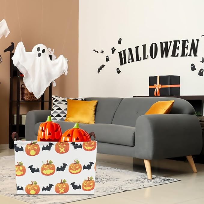 CLOCOR Rectangular Storage Basket,Collapsible Fabric Storage Container,Waterproof Toy Bin with Handles,Gift Basket(Pumpkin Halloween)-NeatNest