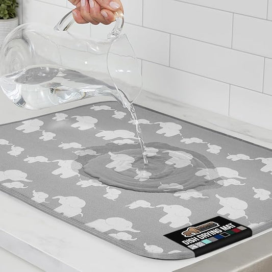GORILLA GRIP Ultra Water Absorbent Microfiber Dish Drying Mat, Quick Dry Thick Mesh, Slip Resistant Pad for Sink Dishes or Under Rack, Kitchen Counter Accessories, 16x18, Machine Wash Mats, Elephants