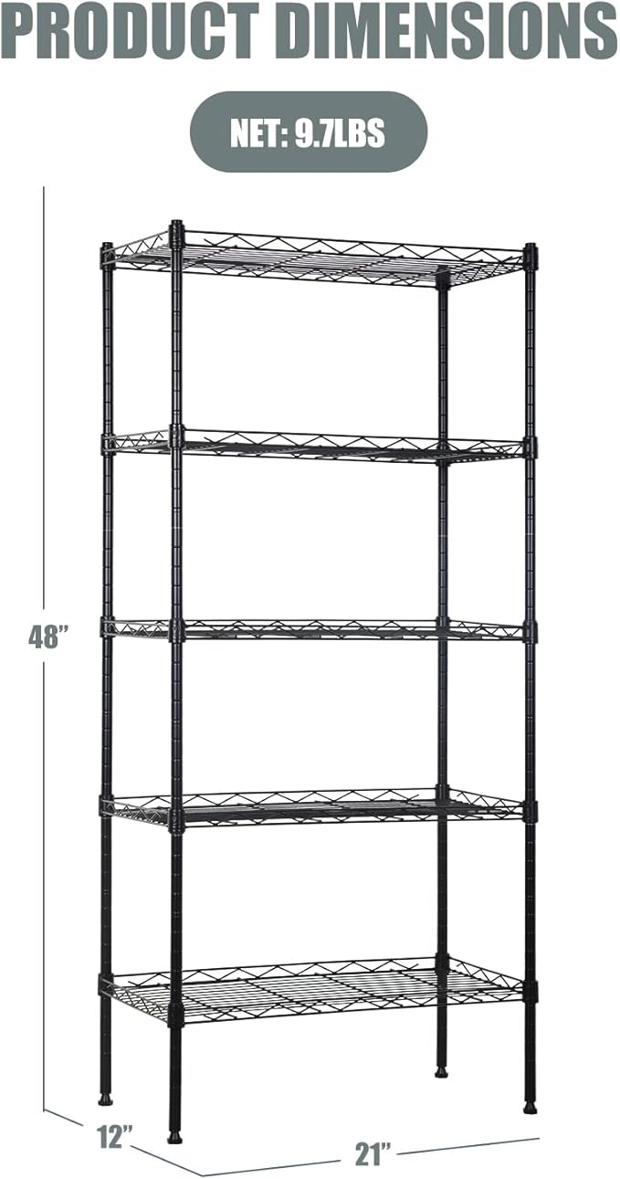 5-Tier Metal Shelving Unit Storage Shelves Metal Shelves 48"x21"x12" Heavy Duty Metal Storage Rack Wire Rack NSF Height Adjustable for Home Kitchen Bathroom Garage Shelving(Black)