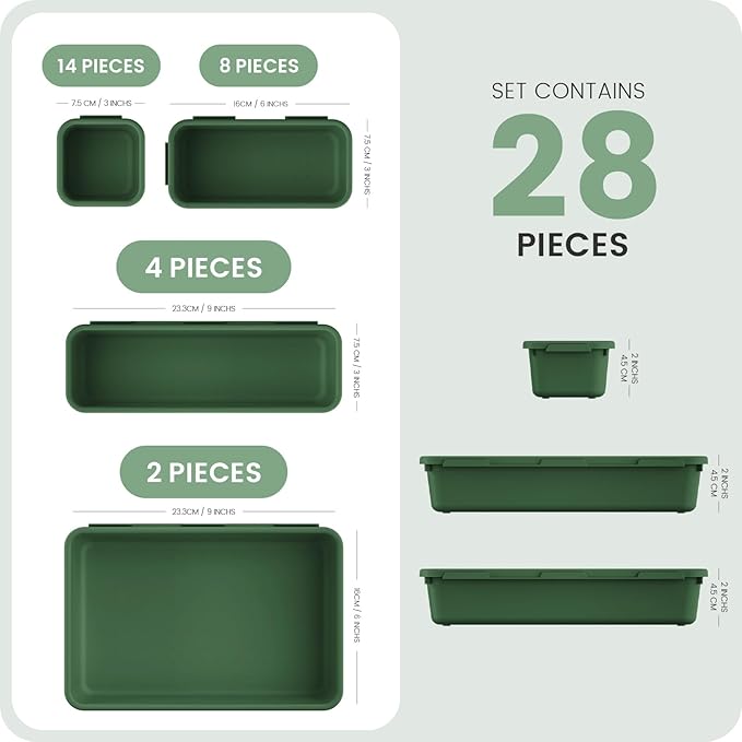 A-LuGei 【28PCS】 Drawer Organizer, Bathroom Organizers and Storage, Makeup organizer, Desk drawer organizer, Storage Bins for Kitchen Office Bedroom Vanity Jewelry Pantry Garage【ArmyGreen】【4Size】-NeatNest