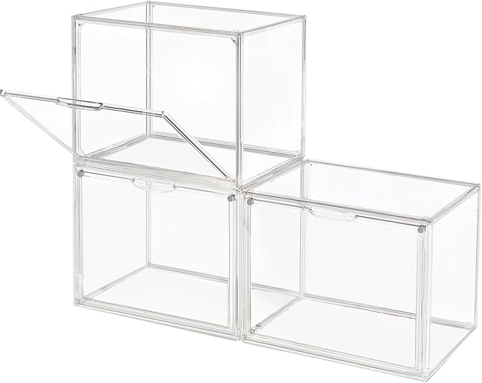 Clear Stackable Plastic Storage Bins with Magnetic Lid, Dustproof Book & Cosmetic Display Cases, Large Figures Collectibles Showcase, Shoe Box, Protection Organizer (Transparent, L-3 Pack)-NeatNest