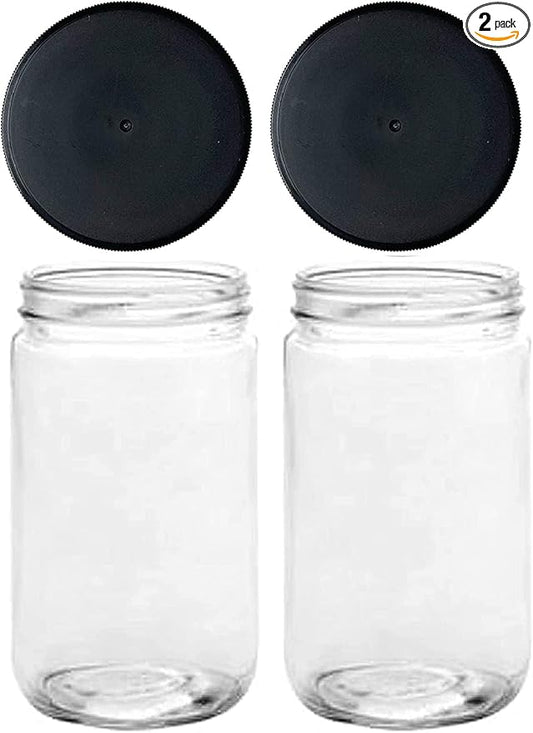 Jarming Collections Mason Jars - 32 Oz Glass Extra Wide Mouth Quart Storage Jars with Lids - BPA Free Plastic Lids - Made in USA (Set of 2)