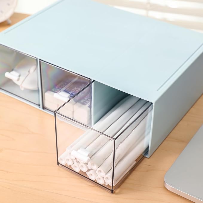 Plastic 3 Drawer Organizer for Cosmetic Storage, Desk Organizer, Makeup Organizer for nail polish, Lipstick, Brushes, Jewelry, Skincare, Bathroom Organization Boxes - Blue-NeatNest