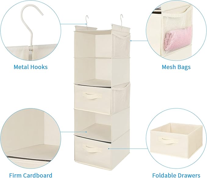 MAX Houser 5 Tier Shelf Hanging Closet Organizer, Cloth Hanging Shelf with 2 Sturdy Hooks for Storage, Foldable (Beige-D2)-NeatNest