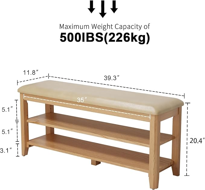 Wood Shoe Rack Bench for Entryway, Shoe Rack for Front Door Entrance with Leather Cushion, 2 Tier Shoe Bench with Shoe Storage for Entryway, Bedroom.-NeatNest