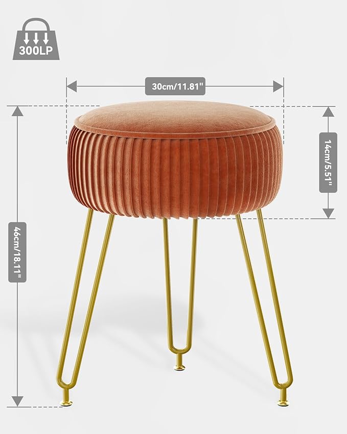 IBUYKE Velvet Round Footrest Stool Ottoman, Makeup Vanity Stool Side Table, Velvet Dressing Table Seat, Pouf Couch Stool, Golden Steel Legs, Orange LG-30J