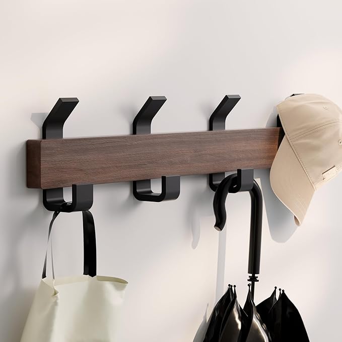 Coat Rack Wall Mount，Solid Walnut Coat Hooks Wall Mount with 4 Large Double Wall Hooks for Hanging Coats，Backpacks，Towels，etc. Wall Mounted Coat Rack for Entryway, Bathroom,etc, Walnut+black-NeatNest