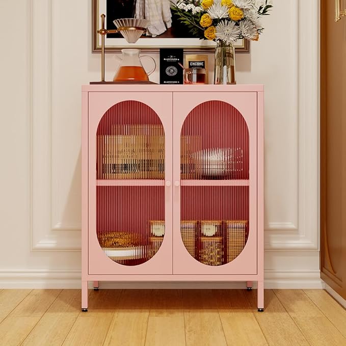 2 Doors Locker Metal Storage Cabinet, Buffet Cabinet with Glass Doors, Freestanding Metal Sideboard for Small Spaces, Living Room, Dining Room, Entryway (Buffet Cabinet, Pink)