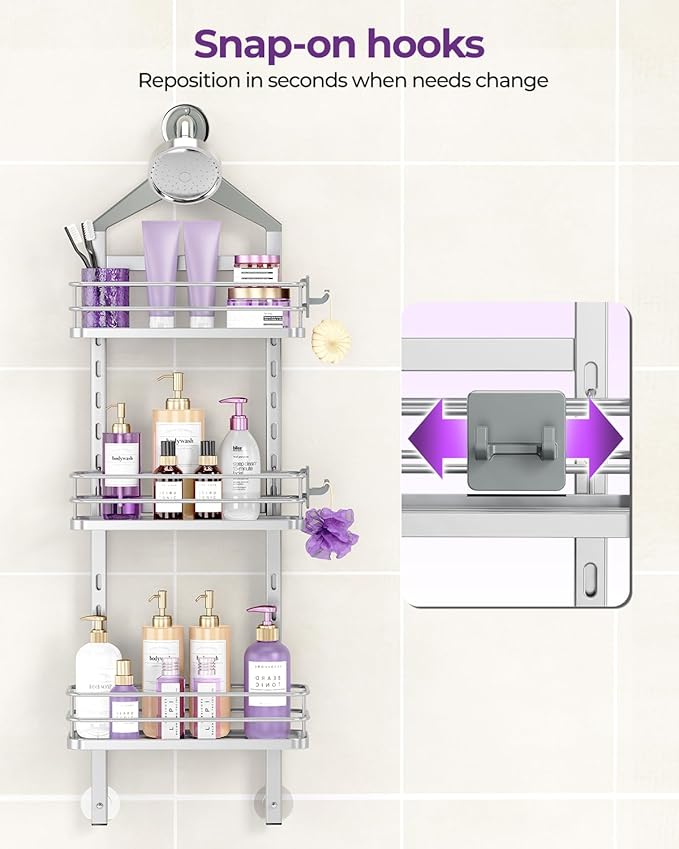 ODesign 3 Tier Height-Adjustable Shower Caddy Hanging Anti-Swing-Over The Shower Head Caddy-Storage Organizer Bathroom Shelves Basket-Silver