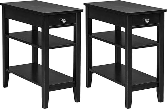 Giantex Set of 2 End Table with Drawer, Narrow Side 2-Tier Open Storage Shelves, Slim Compact Nightstand Bedside for Living Room Bedroom, Black