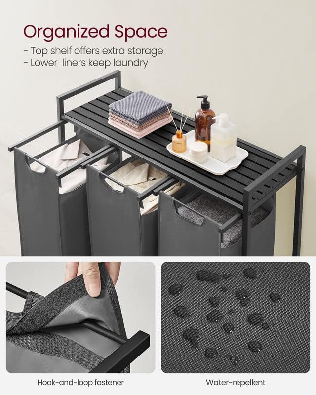 VASAGLE Laundry Hamper, Laundry Basket, Laundry Sorter with 3 Pull-Out and Removable Bags, Shelf, Metal Frame, 3 x 10.6 Gallons (40 L), 36.4 x 13 x 28.4 Inches, Slate Gray and Charcoal Gray UBLH301G01-NeatNest