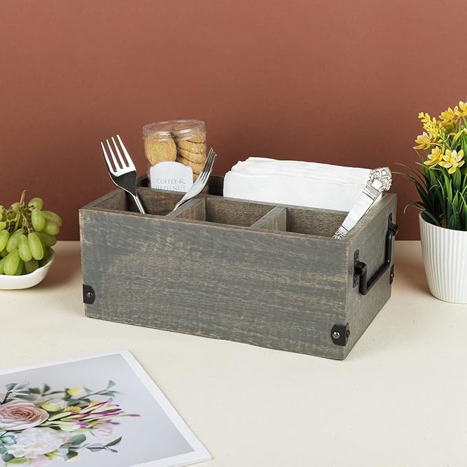 GoCraft 4 Compartment Flatware Caddy, Cutlery Utensil Holder, Silverware Condiment Organizer with Napkin Holder for Kitchen, Dining, Picnics, Grey Washed Mango Wood Caddy with Metal Handles
