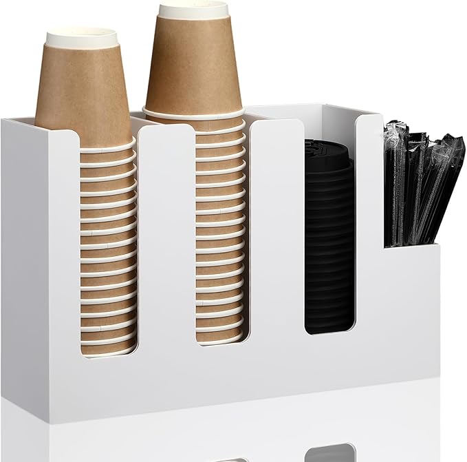Cunhill 4 Compartments Acrylic Coffee Cup and Lid Storage Organizer Holder Disposable Paper Cup Dispenser Organizer Plastic Lid Holder Accessories for Kitchen Bar Shop Party Supplies (White)-NeatNest