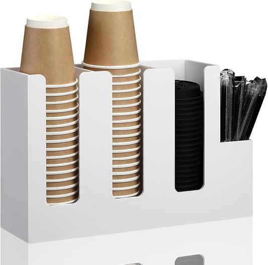 Cunhill 4 Compartments Acrylic Coffee Cup and Lid Storage Organizer Holder Disposable Paper Cup Dispenser Organizer Plastic Lid Holder Accessories for Kitchen Bar Shop Party Supplies (White)-NeatNest