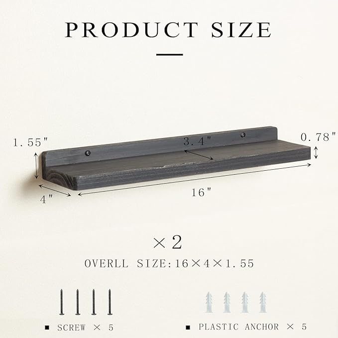 Freezing point Floating Shelves for Wall Set of 2 Natural Wood 16Inch Wall Shelf Decor Plant Display Collectibles Mounted Kitchen Bathroom Bedroom Corner Decorative Storage Stand Black-NeatNest