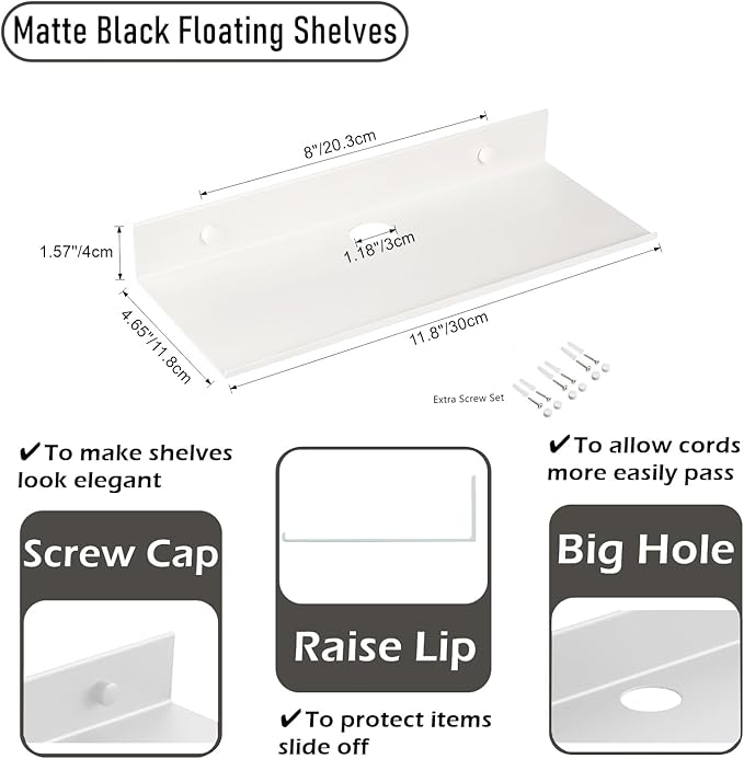 Z metnal Metal Floating Shelves with Cable Clip, Shelves for Bluetooth Speaker Router Cameras, Wall Mounted, Display Shelf, White, Aluminum, 12 inch, 2 Pack-NeatNest