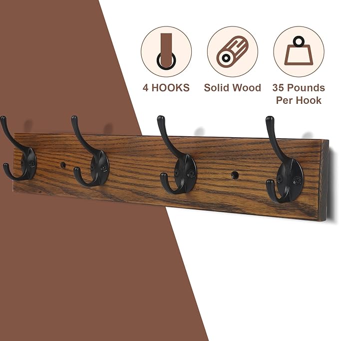 Coat Rack Wall Mounted, Wall Coat Rack with 4 Rustic Coat Hooks, 17” Entryway Ash Wood Coat Hanger Rail Hooks for Hanging Coats Hats, Perfect for Bedroom Bathroom Kitchen-NeatNest