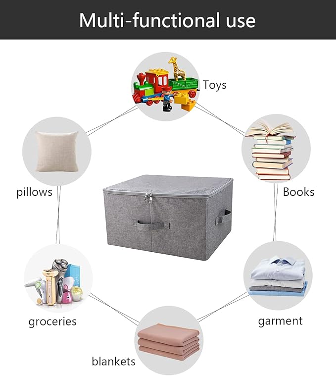 Folding Storage Box with Zip Lid and Handles, Rigid Storage Baskets With Linen Fabric& Plastic Board, Closet Shelf Drawers,Dark Gray, 2 pcs-NeatNest
