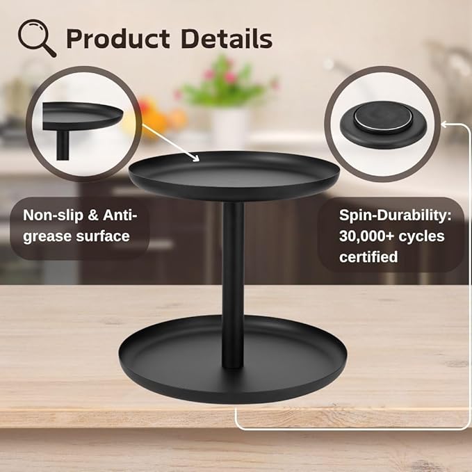 IBERG 2-Tier Metal Lazy Susan Organizer, Black, 9"&10" - Modern, Rotating Spice Organizer for Kitchen & Pantry