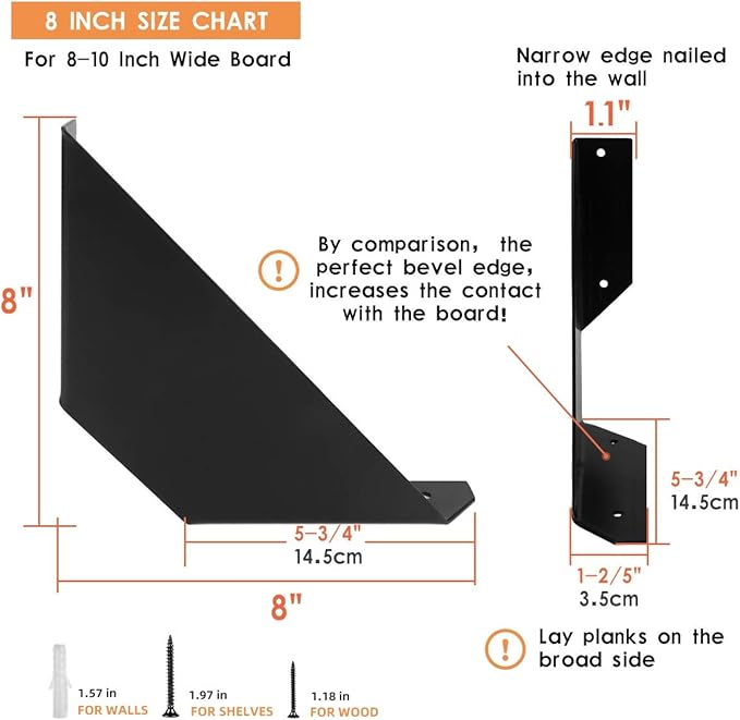 Heavy Duty Angle Shelf Brackets 8 Inch Anti-Rust Floating Shelves Support Brackets Decorative Shelf Brackets Industrial Rustic Farmhouse Flat Curved Black for 8-10 Inch Board( 4-Pack Hardware Only)-NeatNest