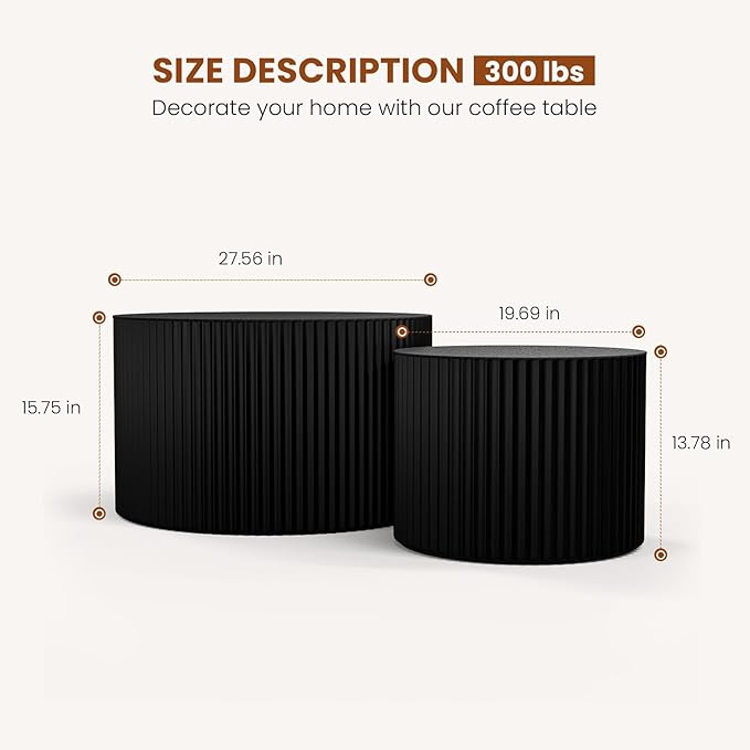 Round Wood Coffee Table Set of 2 Modern Circle Nesting Coffee Table Handcrafted Drum Nesting Table Nesting Coffee Tables for Living Room for Small Space (Black (D27.56+D19.69 inch))