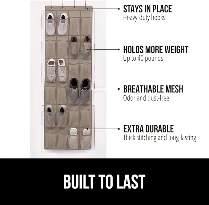 GORILLA GRIP Over the Door Shoe Organizer, 24 Large Breathable Mesh Pockets, Space Saving Hanging Storage Holder, Closet Rack Hanger Holds Up to 40 lbs, Hangs on Closets for Shoes, Accessories, Beige-NeatNest