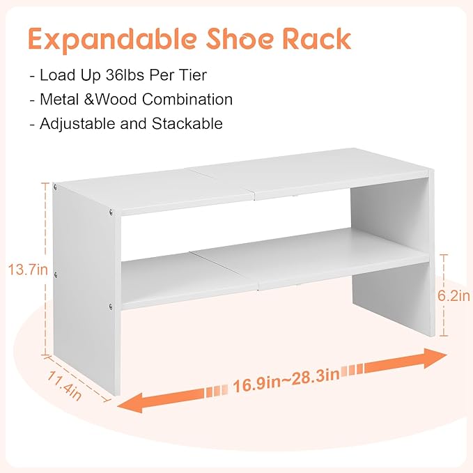 2-Tier Expandable White Shoe Rack Organizer for Closet, Stackable Shoe Rack Storage Shelf, Small Iron Wood Combination Shoe Shelves for Closets,Entryway,Front Door, Narrow Space,Hallway,6-12 Pairs-NeatNest