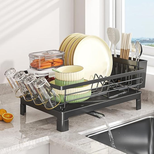 Dish Drying Rack with Drainboard, Dish Racks for Kitchen Counter, Stainless Steel Kitchen Dish Drainer with Cutlery Holder, Cup Holder, Rustproof, Easy Installation