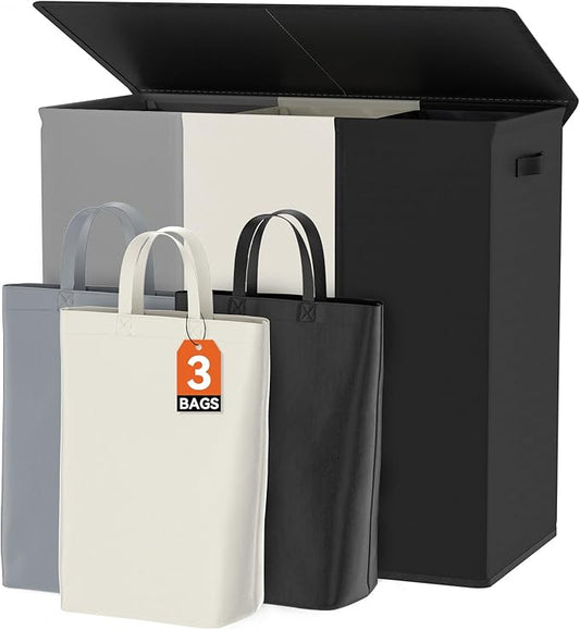 WOWLIVE 180L Laundry Hamper with Lid 3 Section,Large Laundry Basket with Removable Bags and Handles,Collapsible Dirty Clothes Hampers for Laundry,Laundry Basket Organizer for Laundry Room,Dorm-NeatNest