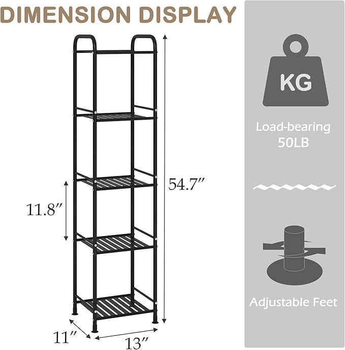 JSB 5 Tier Narrow Bathroom Shelving Unit, Kitchen Storage Rack Organizer Metal Corner Shelf for Living Room Laundry Pantry (Matte Black, 5 Tier)
