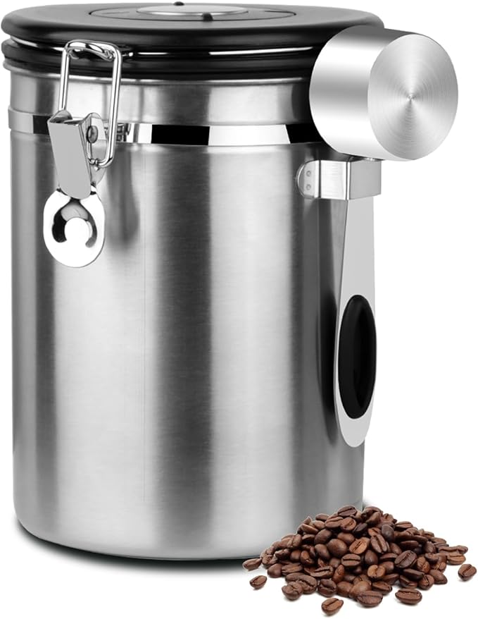 Coffee Canister Airtight Storage Container 1.8L Stainless Steel Air Tight Coffee Jar with Scoop, Date Tracker CO2 Release Valve for Dry Food, Beans, Ground, Tea, Flour, Cereal and Sugar (Silver)-NeatNest
