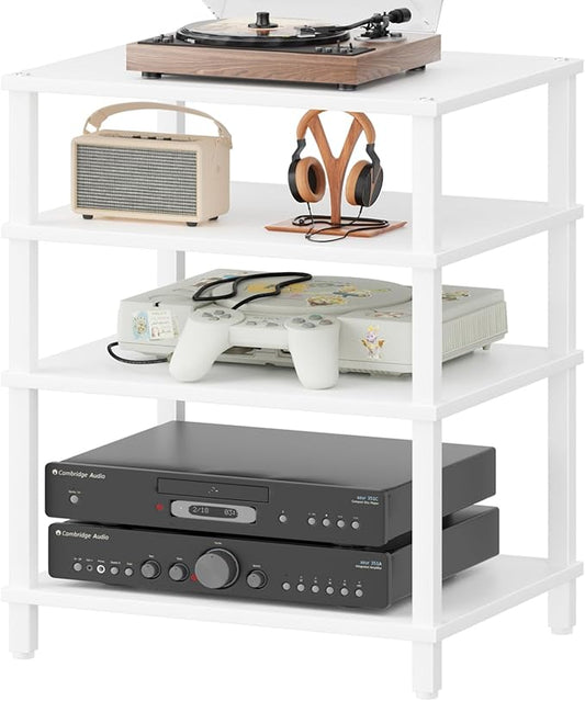 4-Tier AV Media Player Stand, White Stereo Cabinet, Modern Stereo Cabinet, Wooden TV Stand,Game Console Shelf, Multifunctional Entertainment Center, Suitable for Home, Conference Room, Game Studio,-NeatNest