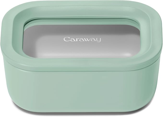 Caraway Mini Rectangle Food Storage Container - 2.6 Cup Glass Storage Container for Food - Non-Toxic Ceramic-Coated Glass - Air Release Technology - Compact & Stackable Design - Mist-NeatNest