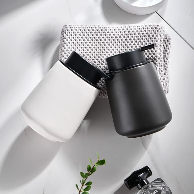12Oz White Soap Dispenser - Modern Ceramic Lotion Hand Soap Dispenser with Easy-to-Press Black Pump, Reusable and Refillable Liquid Dish Soap Dispensers for Bathroom & Kitchen-NeatNest