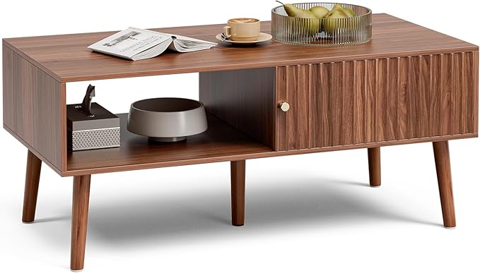 Coffee Table with Storage, Mid Century Dining Table with Sliding Fluted Door and Solid Wood Legs, Small Coffee Tables for Living Room, Walnut-NeatNest