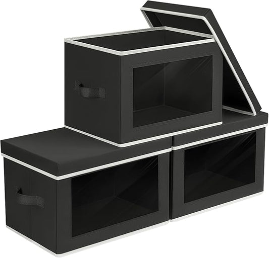 Storage Boxes with Lids - 3 Pack Fabric Clear Window Storage Bins, Collapsible Storage Bins with Lids, Linen Closet Organizer for Clothes, Towel, Blanket, Black-NeatNest