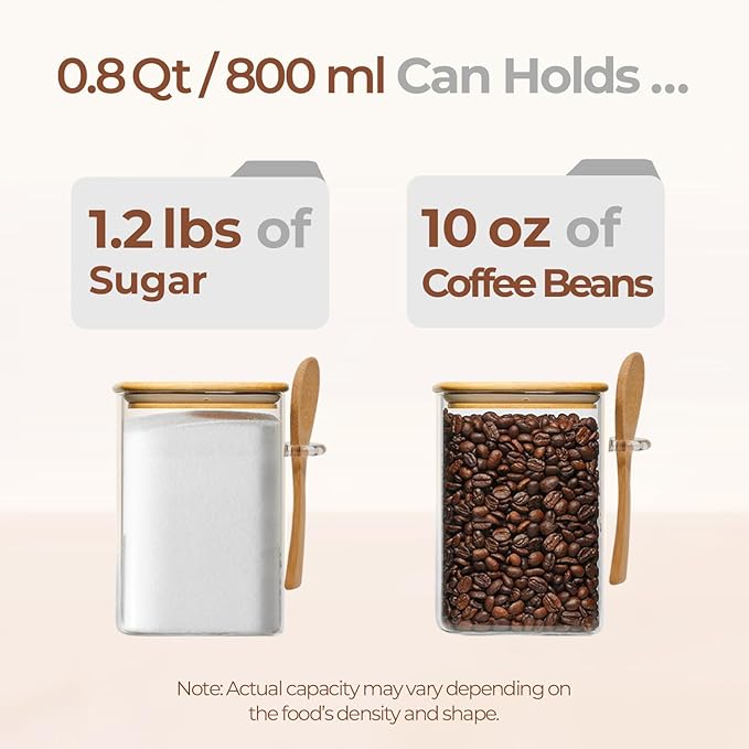 ComSaf 0.8 Qt Glass Jars with Bamboo Lids & Spoons Set of 4, Square Glass Containers with Lids, Sugar Coffee Containers Salt Spice Jars, Pantry Storage Container for Loose Tea, Candy, Brown Sugar, Nut-NeatNest