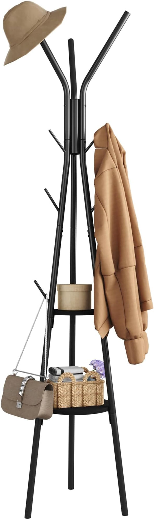 HOMEFORT Coat Rack, Coat Hanger Stand with 2 Shelves, Freestanding Hall Tree, Metal Hat Hanger with 12 Hooks for Clothes Hats and Scarves (Black)-NeatNest