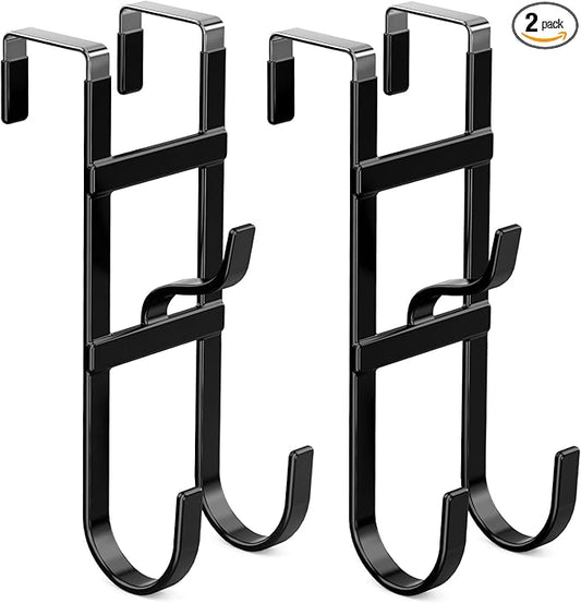 FYY Over The Door Hooks - 2 Pack Heavy Duty Triple-Hook Organizer Hanger with Non-Slip Rubber for Towels, Clothes, Hats & Bags Use in Bathroom, Bedroom, Kitchen - Fits Interior Doors Up to 1.6" Black
