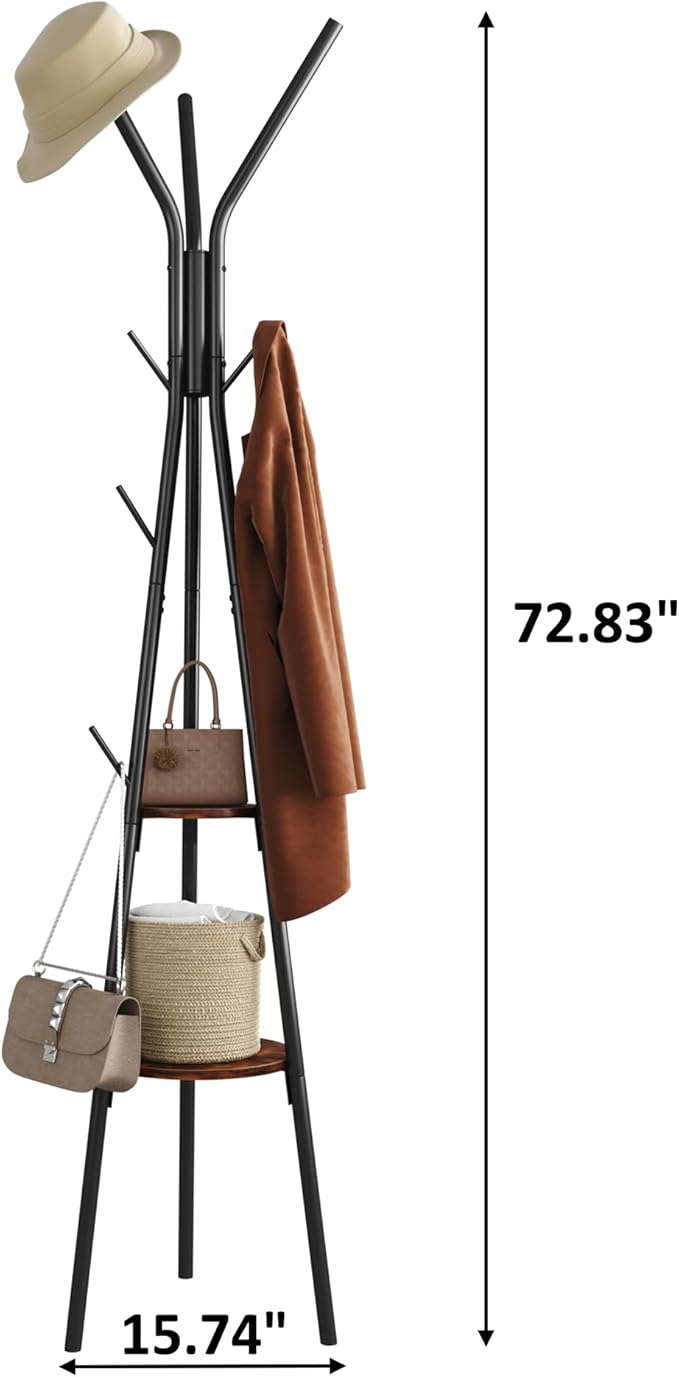 HOMEFORT Coat Rack, Coat Hanger Stand with 2 Shelves, Freestanding Hall Tree, Metal Hat Hanger with 12 Hooks for Clothes Hats and Scarves, Black and Rustic Brown,15.7" Wx15.7 Dx72.8H-NeatNest