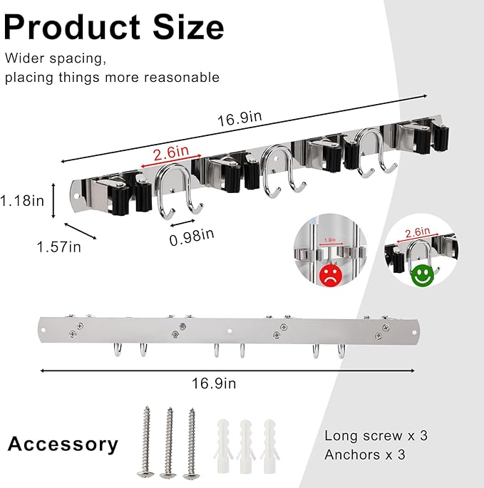 Mop Broom Holder Wall Mount, Silver Stainless Steel Tool Storage Organizer for Kitchen Garden Garage Laundry Room Bathroom and RV with 4 Slots 6 Hooks-NeatNest