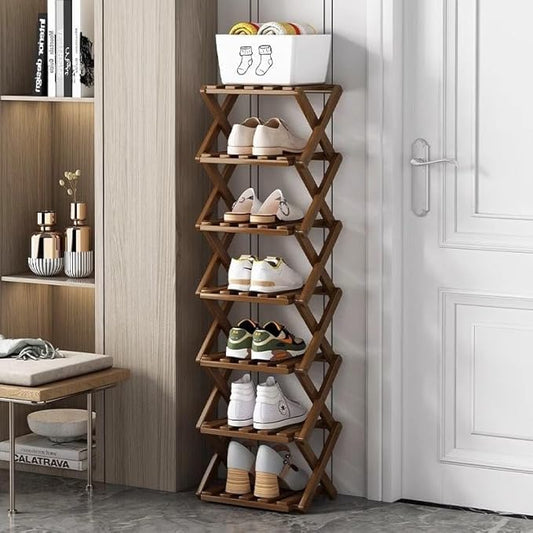 Shoe Rack, Bamboo Foldable Shoes Organizer Free Standing Shelf for Entryway, Closet, Bedroom, Hallway, | Natural | Functional | Multifunctional Shoe Rack (Brown Color) 7 Layers-NeatNest
